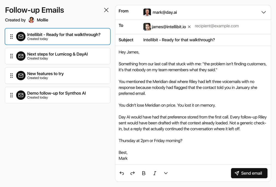 Morning briefing list with pre-drafted emails