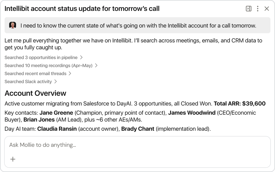 Cross-call memory view — full conversation thread across multiple meetings