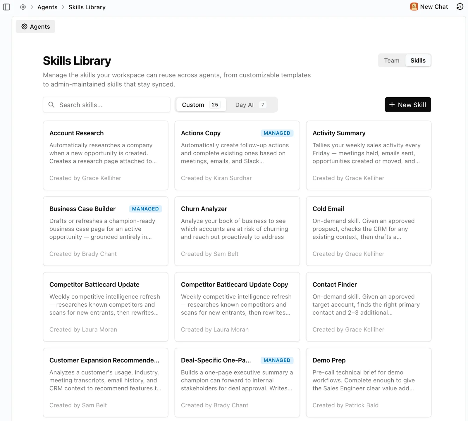 The Skills Library, with custom and managed skills such as Account Research and Business Case Builder