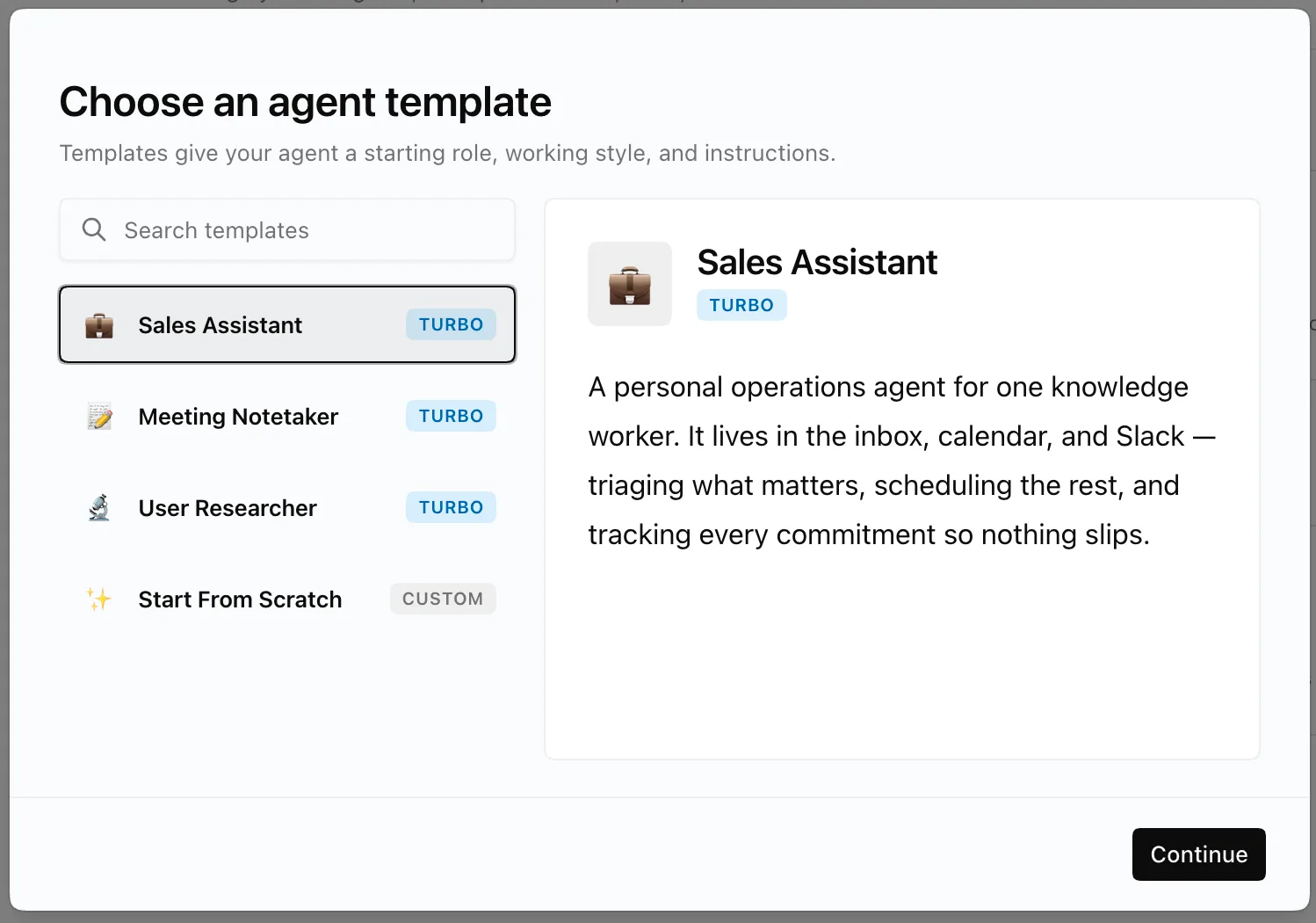 The Choose an agent template dialog with Sales Assistant, Meeting Notetaker, User Researcher and Start From Scratch