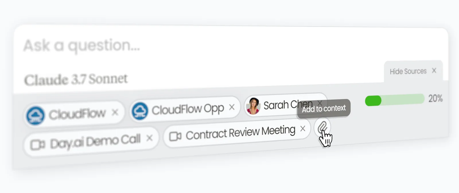 The Thread composer with CloudFlow records, a contact, and meetings added as context chips