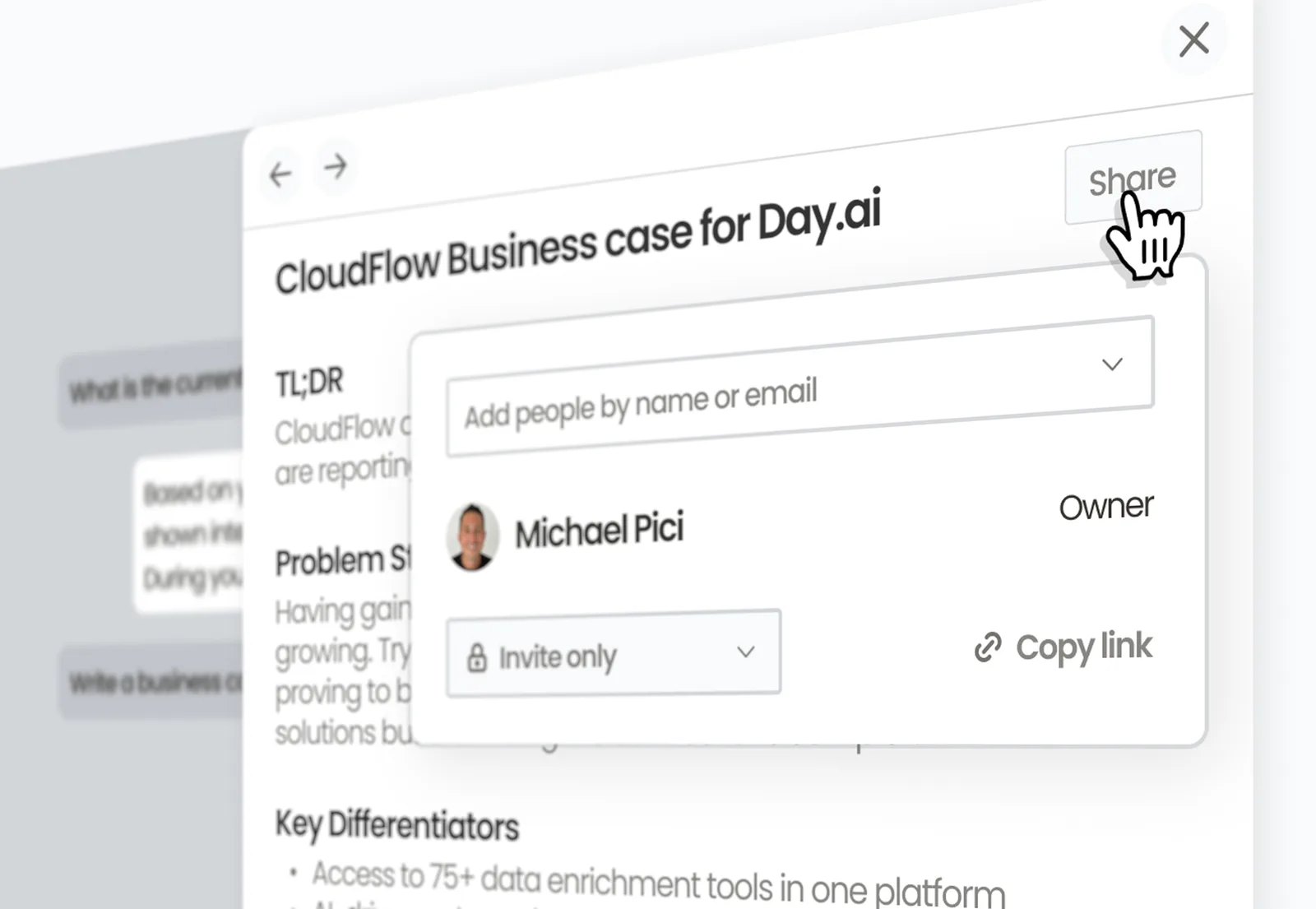 A CloudFlow business case Page generated from a Thread, with the Share dialog open
