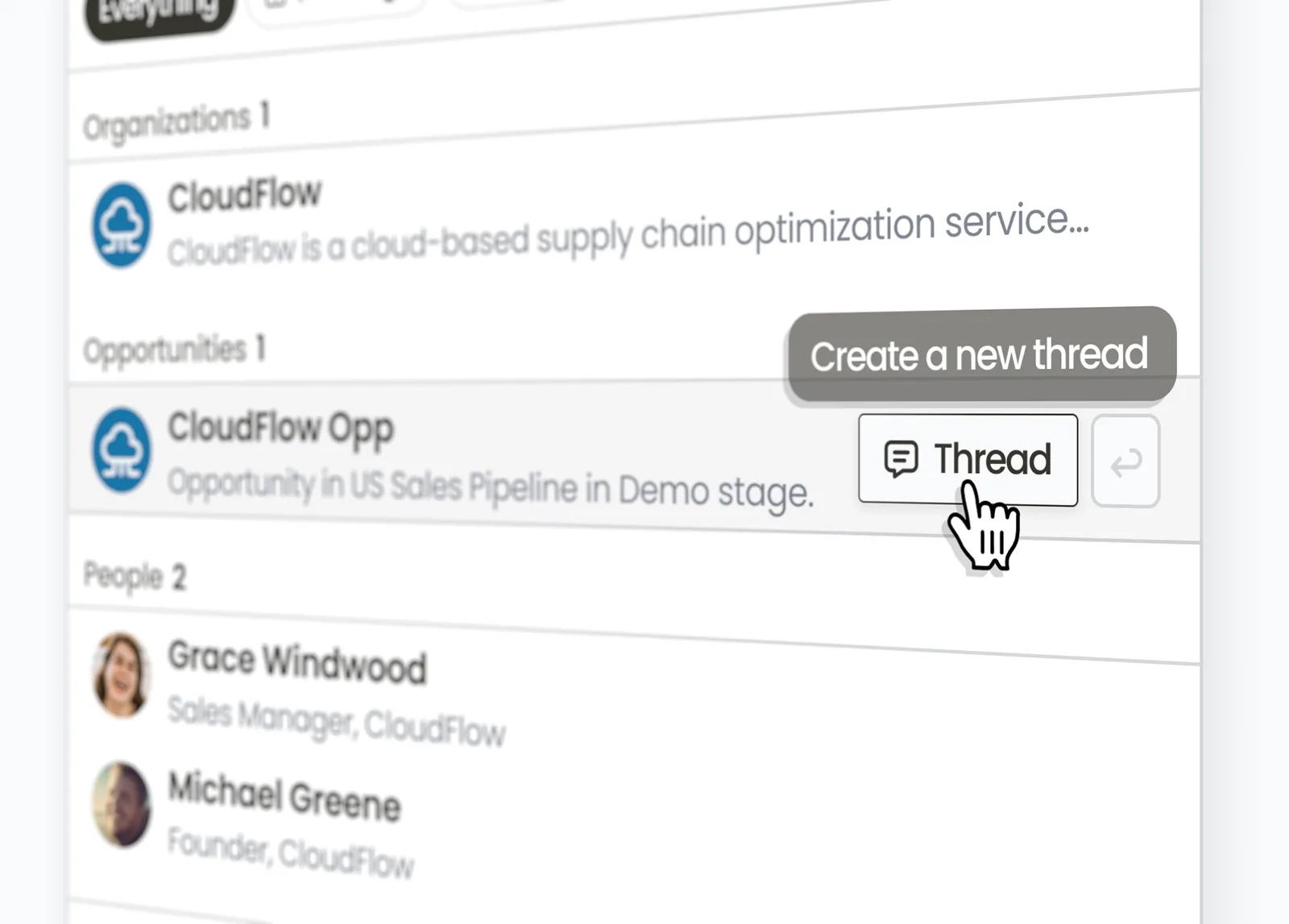 Command+K search results for CloudFlow, with a Thread button to start a new thread from an opportunity