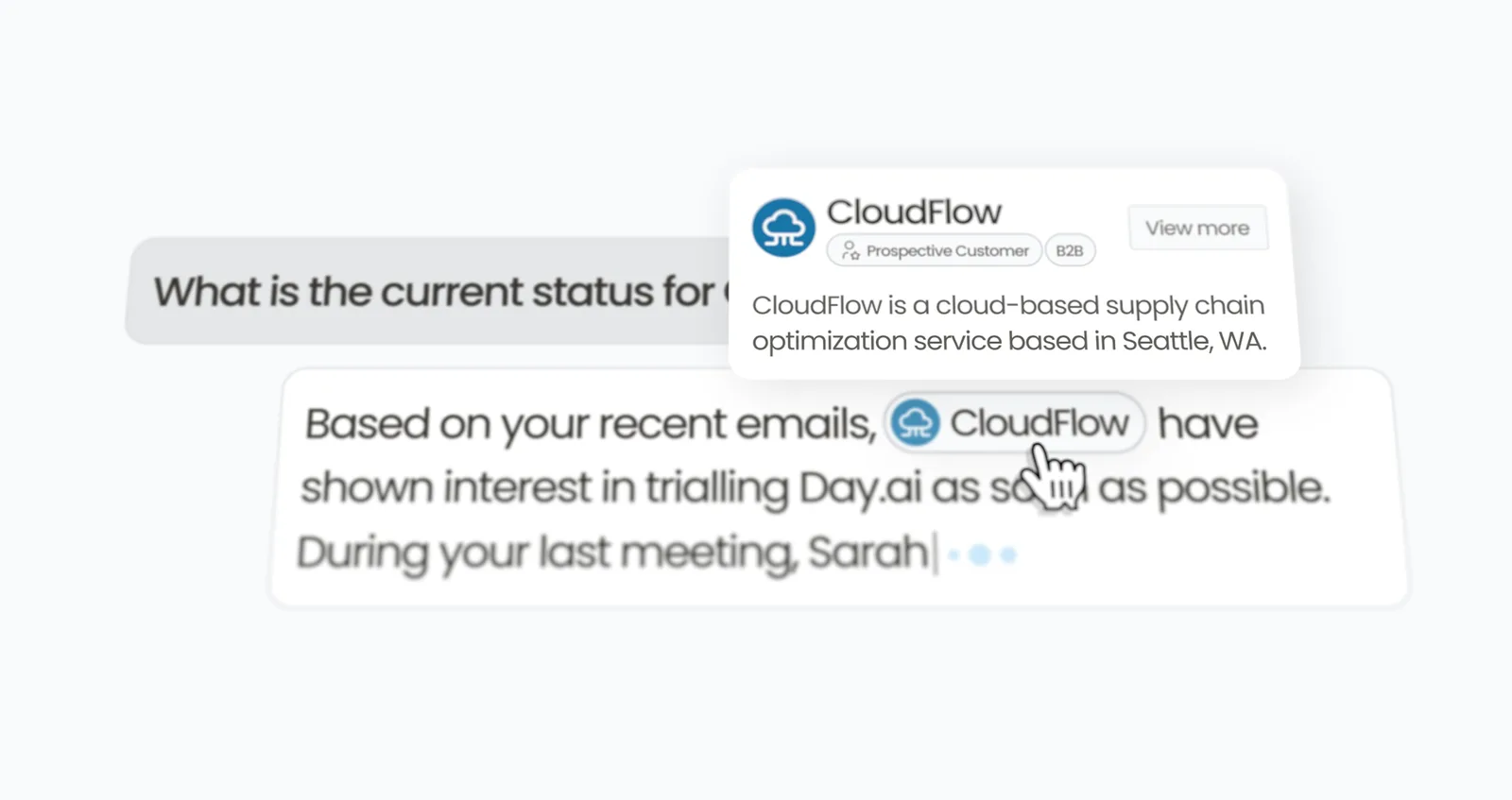 A Thread answer with a CloudFlow record chip open, showing the organization's summary