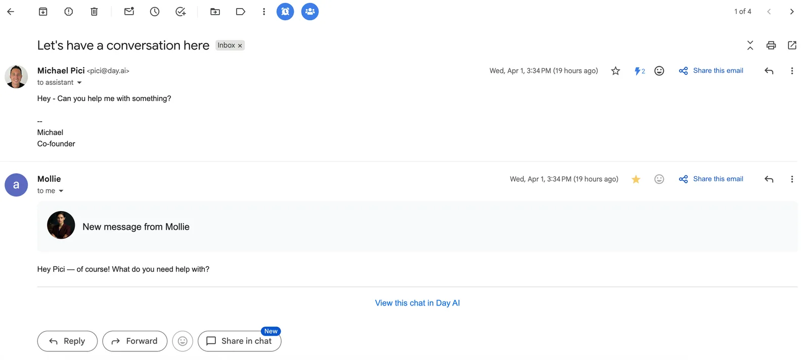 A Gmail thread where the Day AI assistant replies to an email sent to it, with a link to view the chat in Day AI