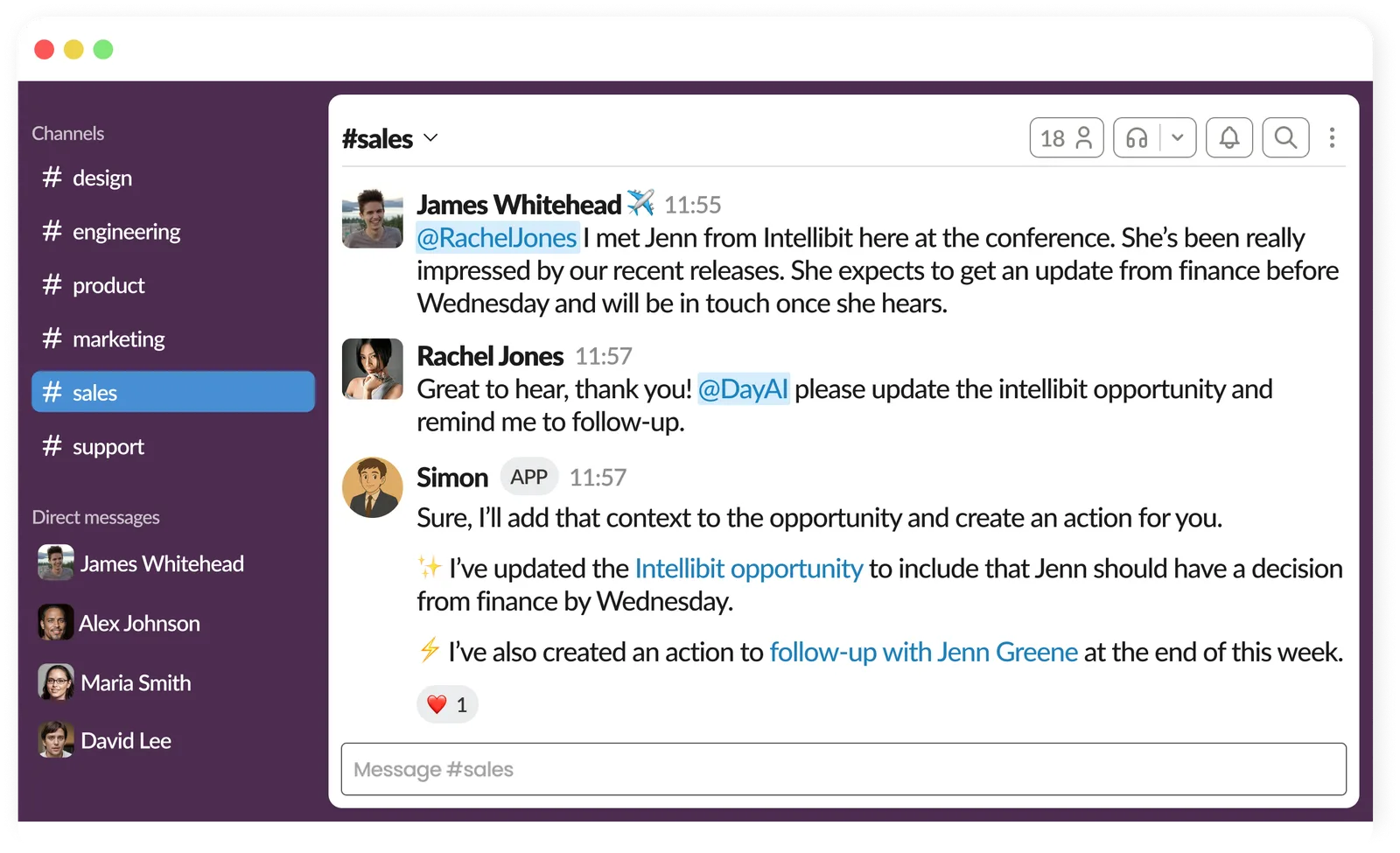 A Slack #sales channel where @DayAI updates an opportunity and creates a follow-up action from a teammate's message