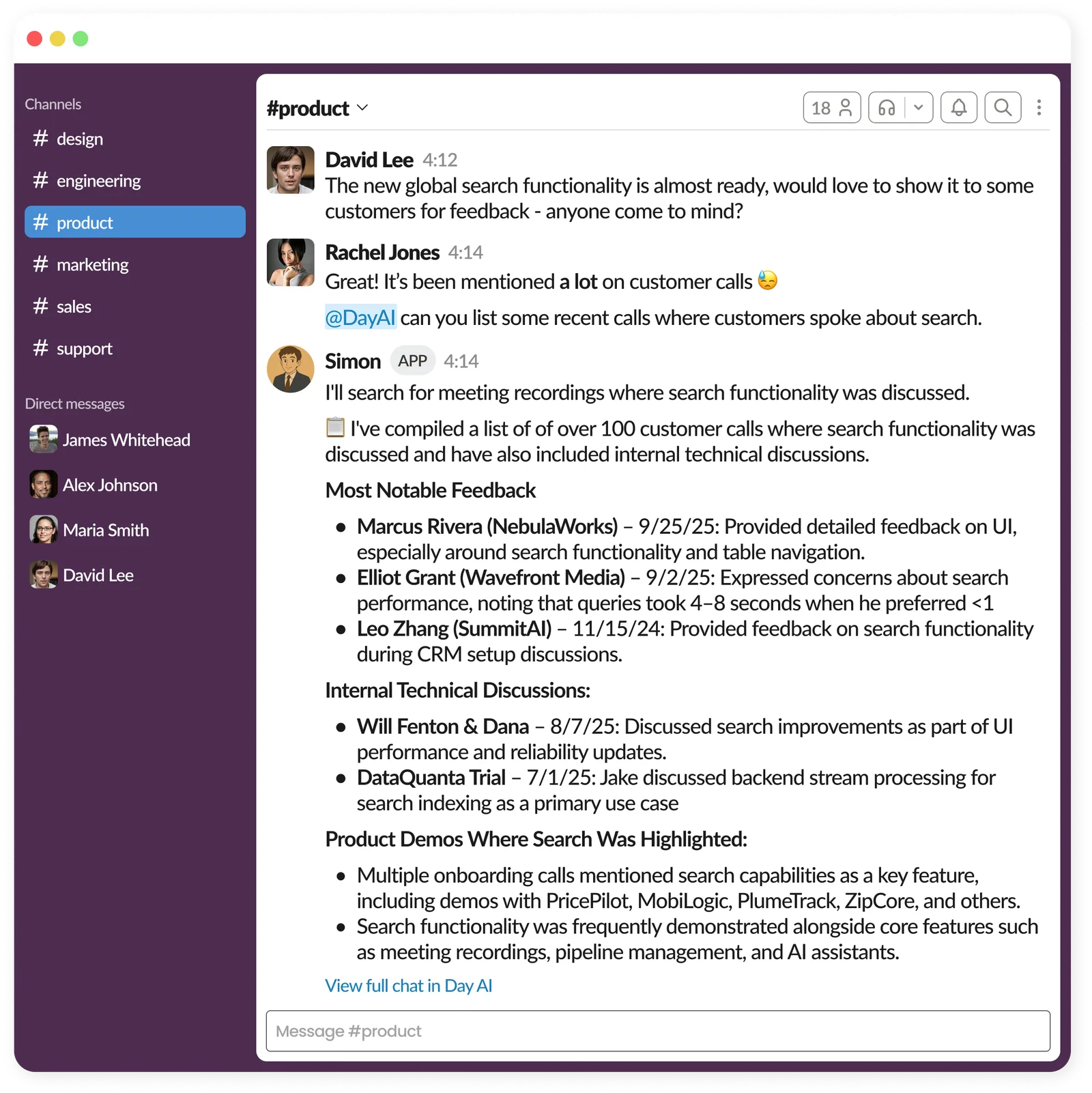 A Slack #product channel where @DayAI lists customer calls that discussed search, with notable feedback