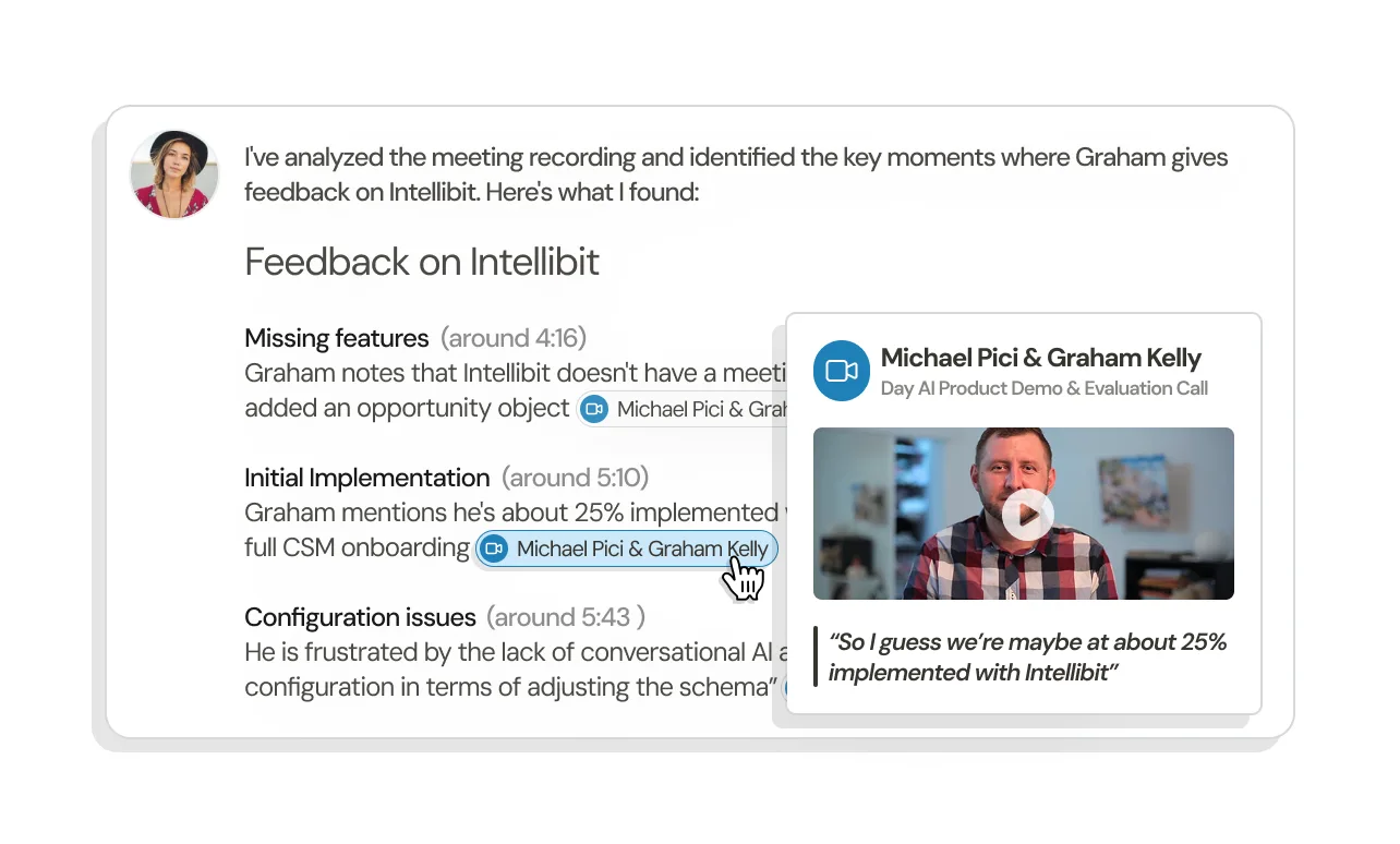An assistant answer about Intellibit feedback with citations linking to timestamped moments in a meeting recording