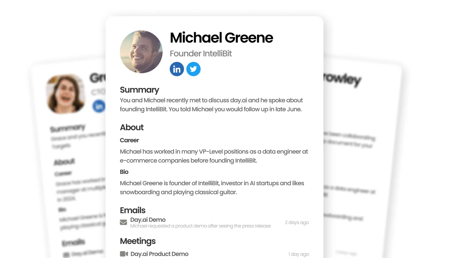A person record for Michael Greene with an AI summary, career, bio, emails, and meetings