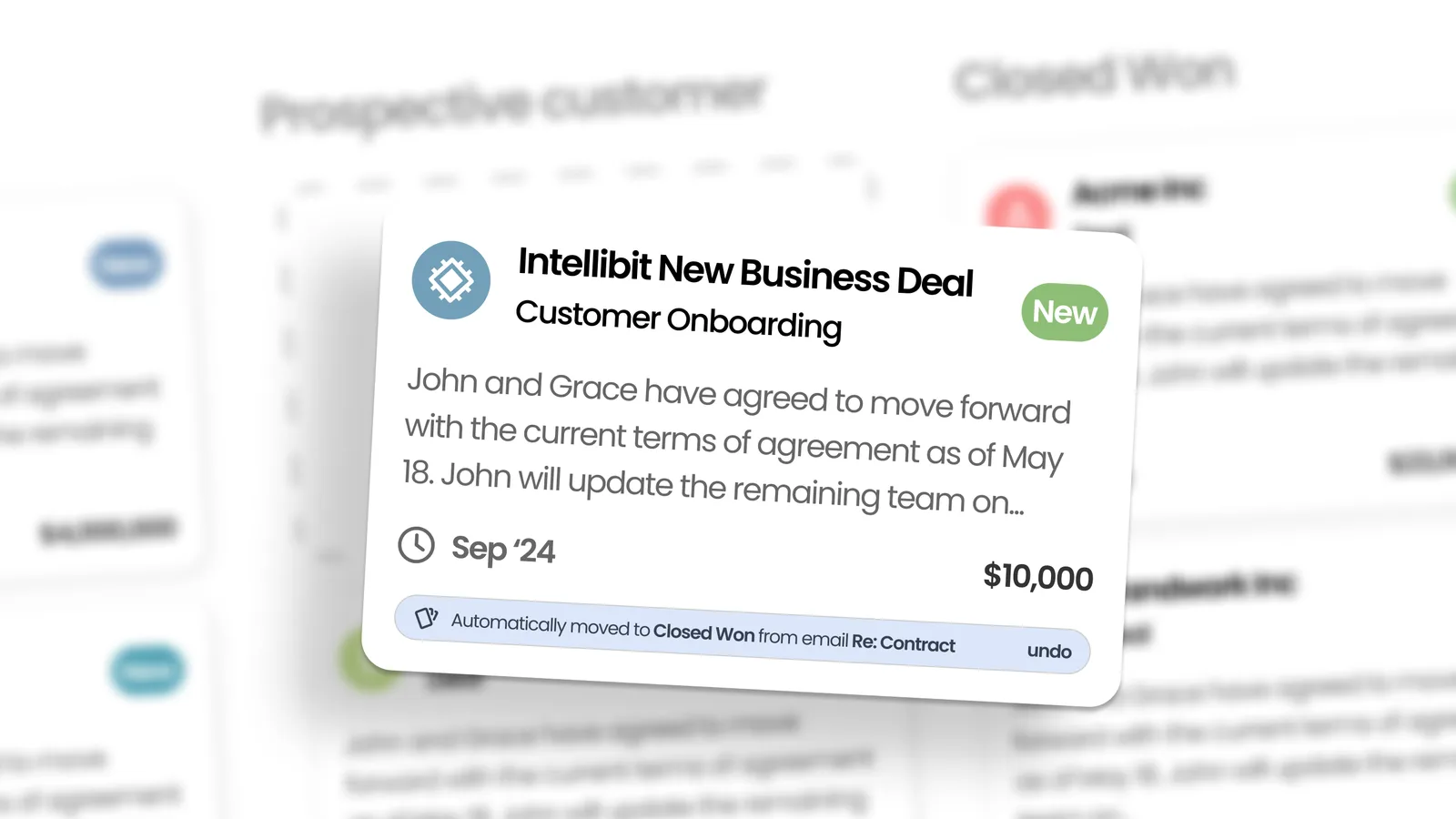 An Intellibit deal card automatically moved to Closed Won based on a contract email