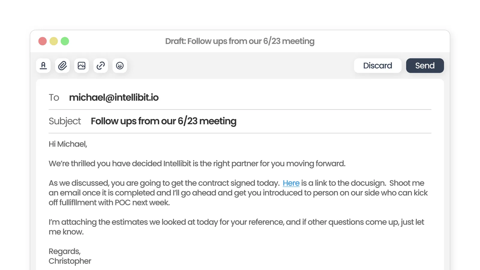 A follow-up email draft to Intellibit written by Day AI after a meeting