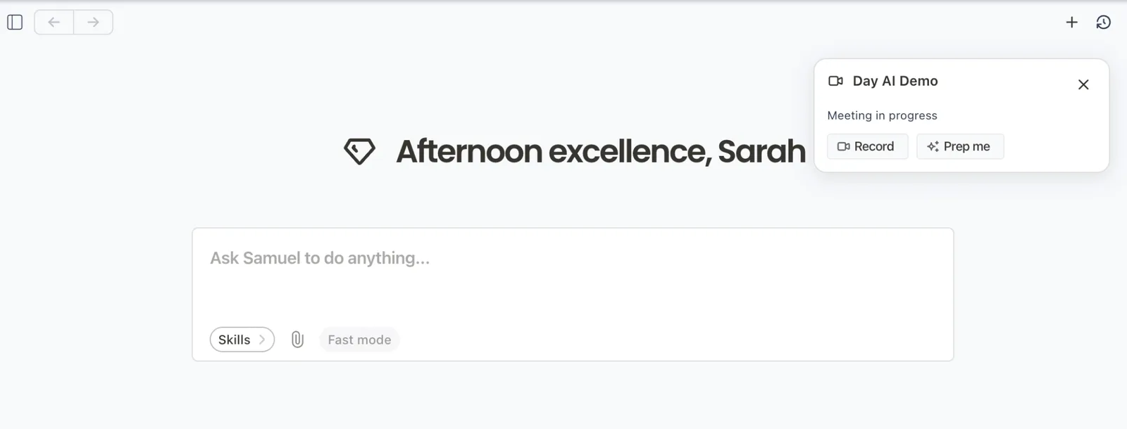A meeting-in-progress alert in the top right of Day AI with Record and Prep me buttons