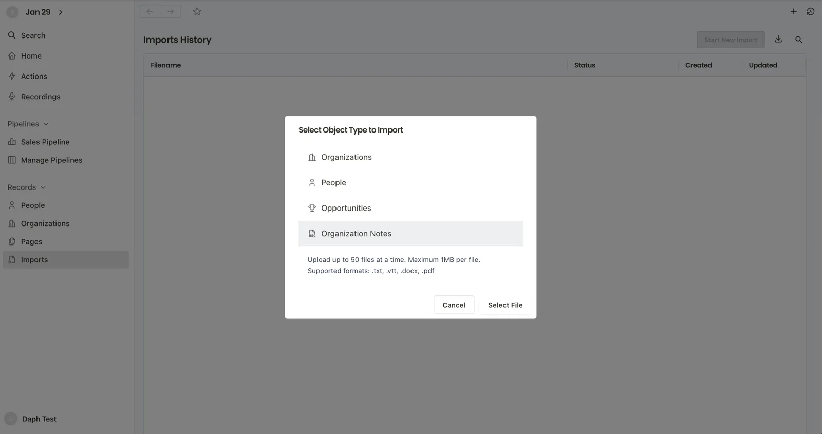 The Imports page with the Select Object Type to Import dialog, including Organization Notes for meeting transcripts