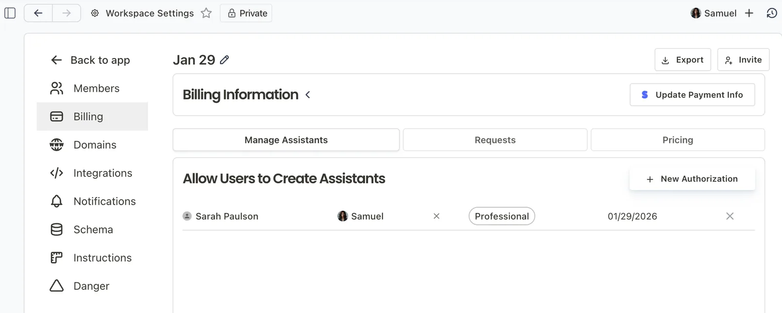 Workspace Settings Billing page with the Manage Assistants tab and a New Authorization button