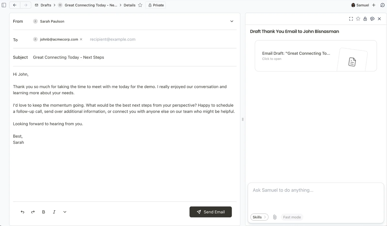 A thank-you email draft written by the Assistant in the user's voice, open next to the chat that created it