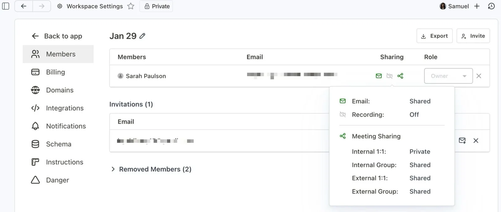 Workspace Settings Members page showing a member's email, recording and meeting sharing settings