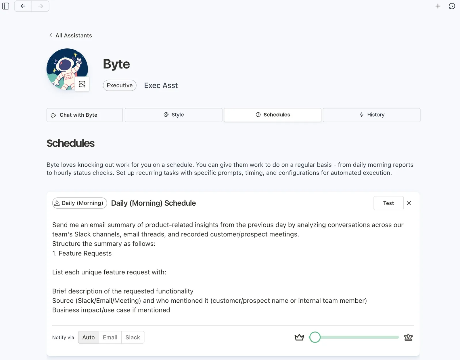 An Assistant's Schedules tab with a daily morning schedule that emails a summary of product feedback