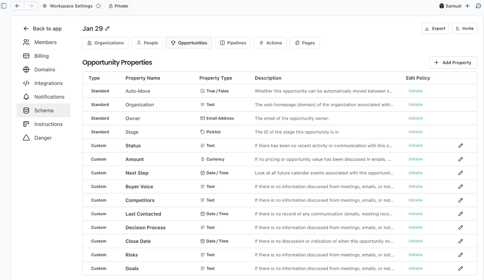 The Opportunity Properties schema in Workspace Settings, listing standard and custom properties such as Next Step and Close Date