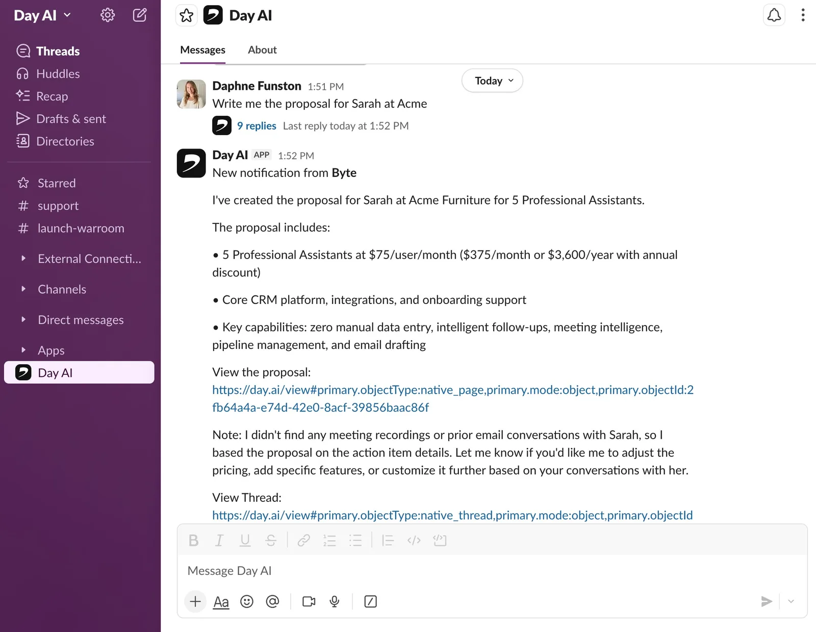 A Day AI Slack DM where the Assistant shares a proposal it created for Sarah at Acme
