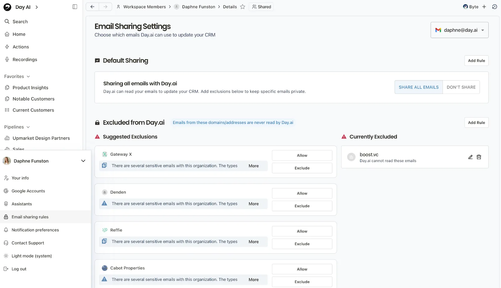 Email Sharing Settings in Day AI, with Share All Emails turned on and a list of suggested exclusions for organizations with sensitive emails