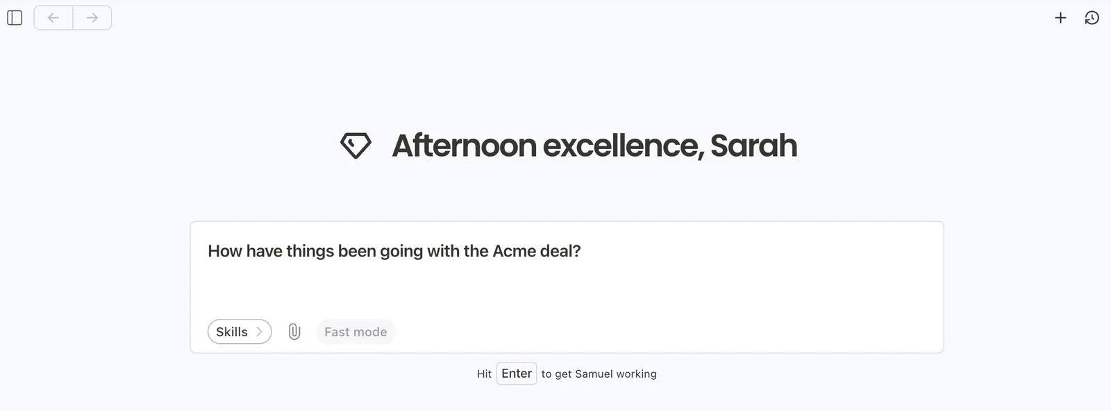 The Day AI Home screen with the Assistant composer asking how the Acme deal is going