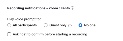 The Zoom recording notification setting with Play voice prompt for set to No one