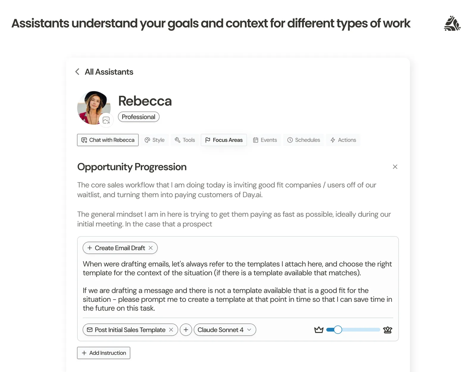 An Assistant's Focus Areas, with instructions for opportunity progression and email drafting