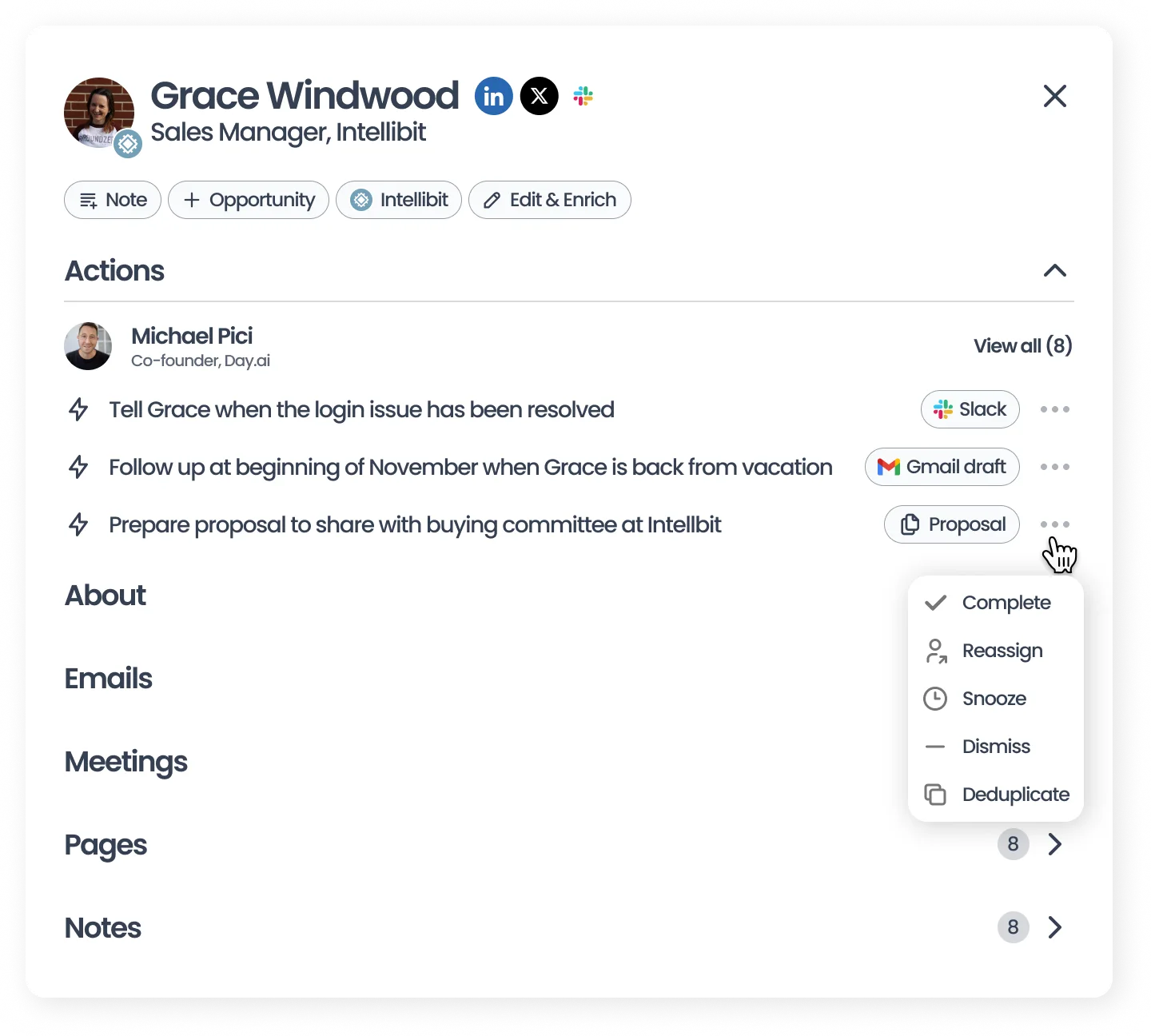 Grace Windwood's contact record with suggested actions, including one created from Slack
