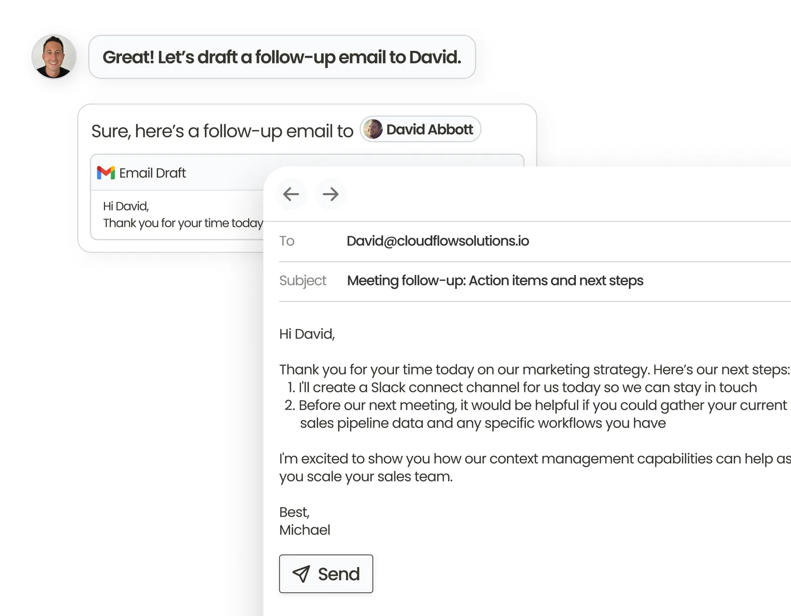 A follow-up email drafted in a Thread and opened in a compose panel with a Send button