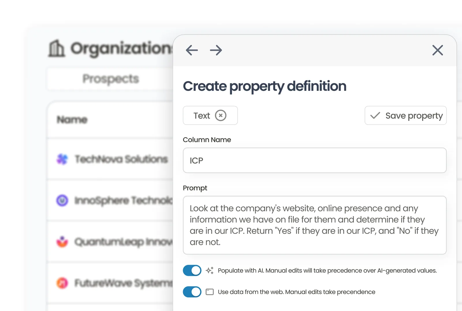 The Create property definition panel with a prompt that marks whether an organization fits the ICP