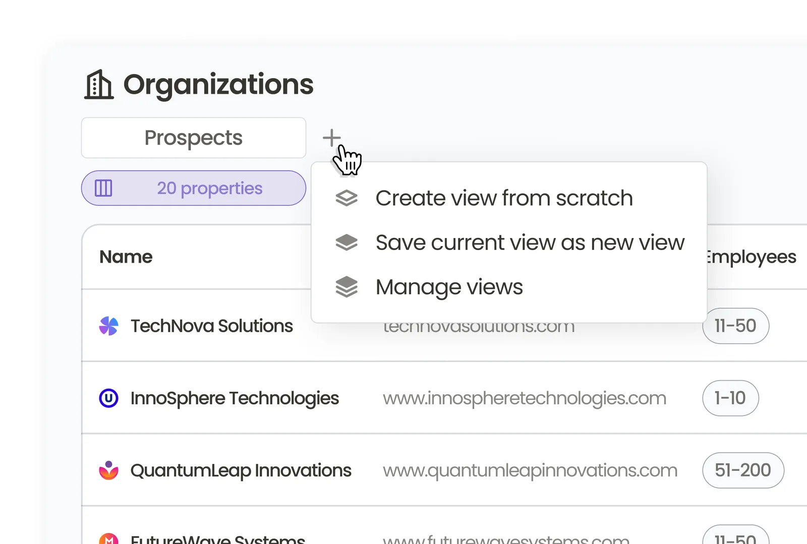 The Organizations table's view menu: create a view from scratch, save the current view, or manage views