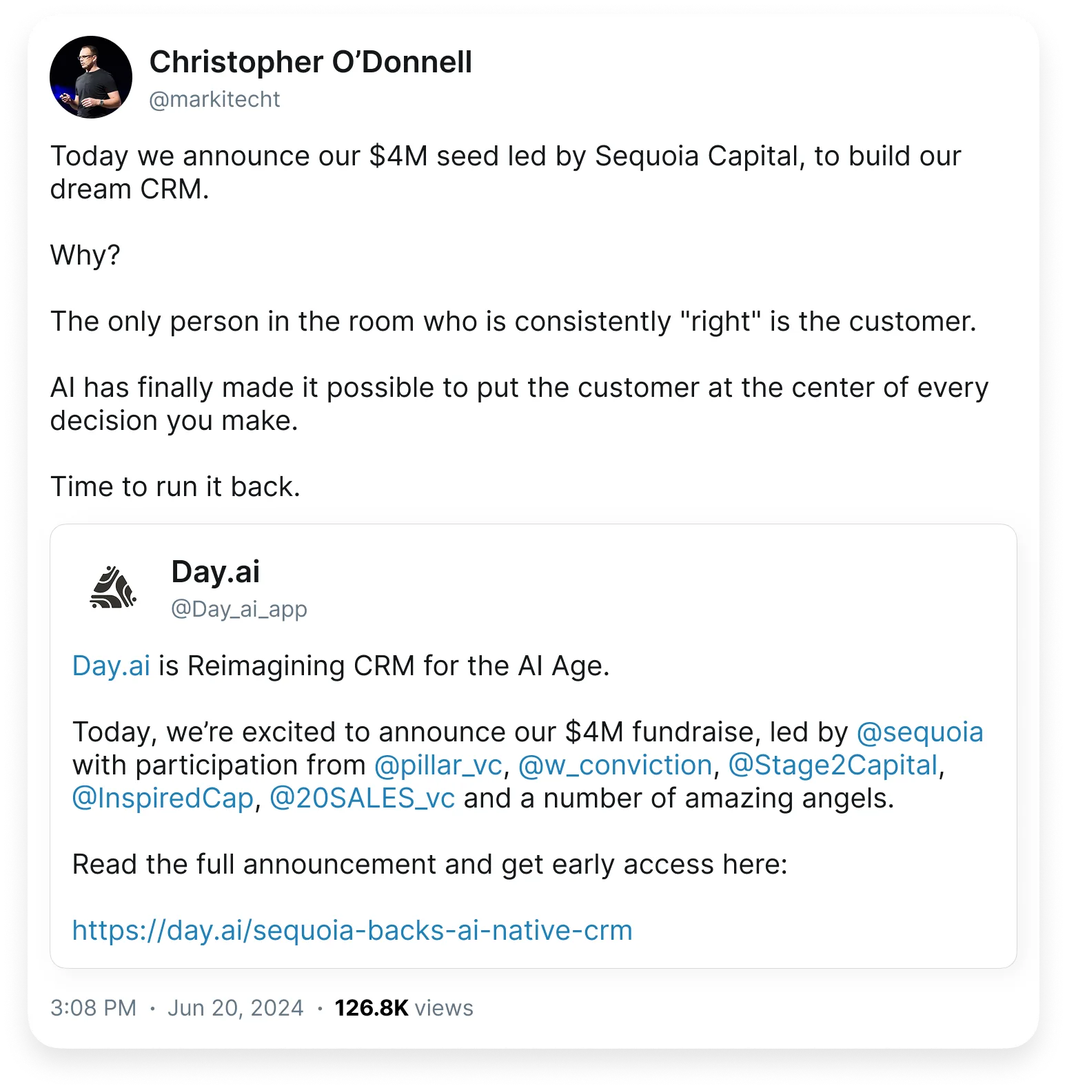 Christopher O'Donnell's post on X announcing the $4M seed round led by Sequoia Capital