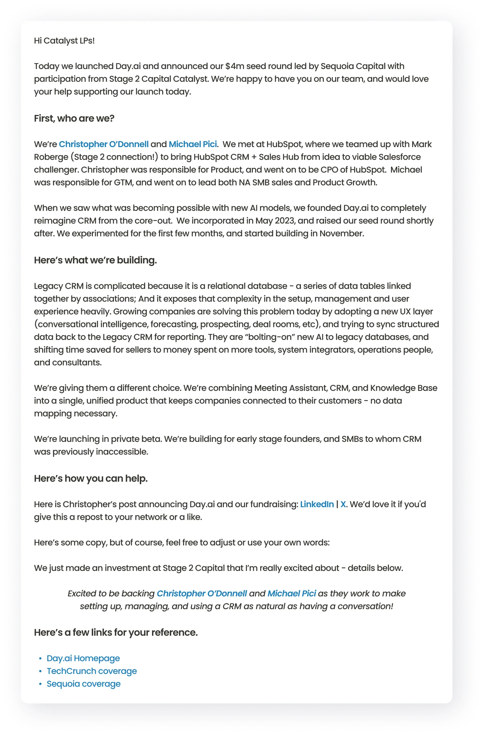 The launch email to Stage 2 Capital Catalyst LPs explaining Day.ai and how they could help