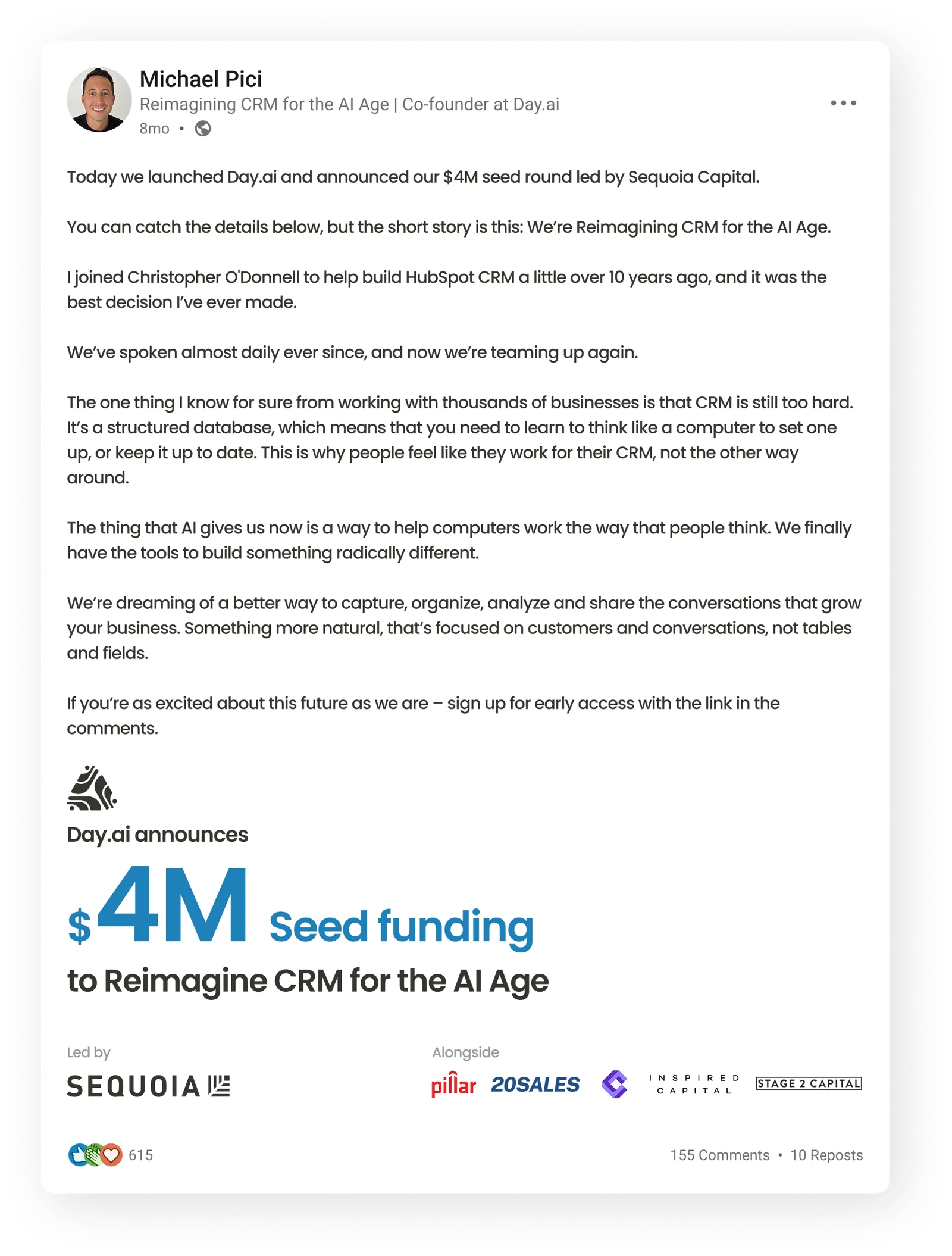 Michael Pici's LinkedIn post announcing Day.ai's $4M seed round led by Sequoia