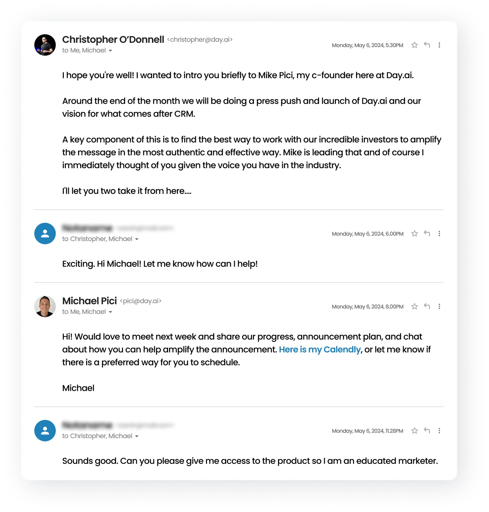 An email thread where Christopher introduces Michael to an investor to help amplify the launch