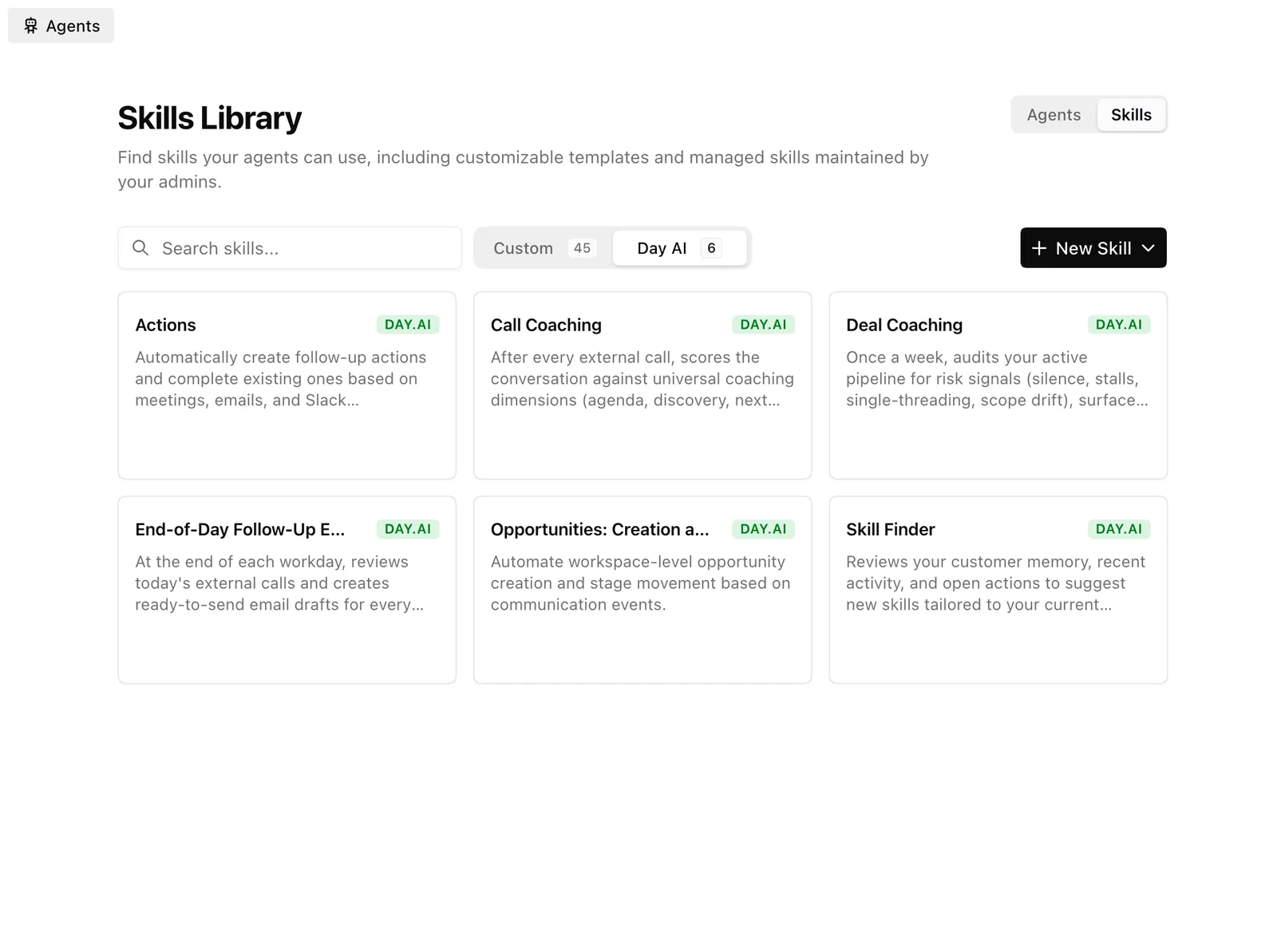 The Skills Library's ready-made Day AI skills, including Actions, Call Coaching, and Deal Coaching