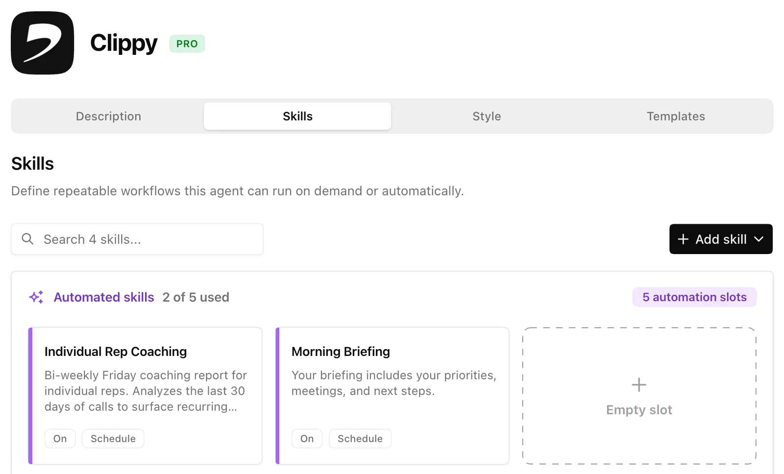 An agent's Skills tab with automated skills such as Individual Rep Coaching and Morning Briefing