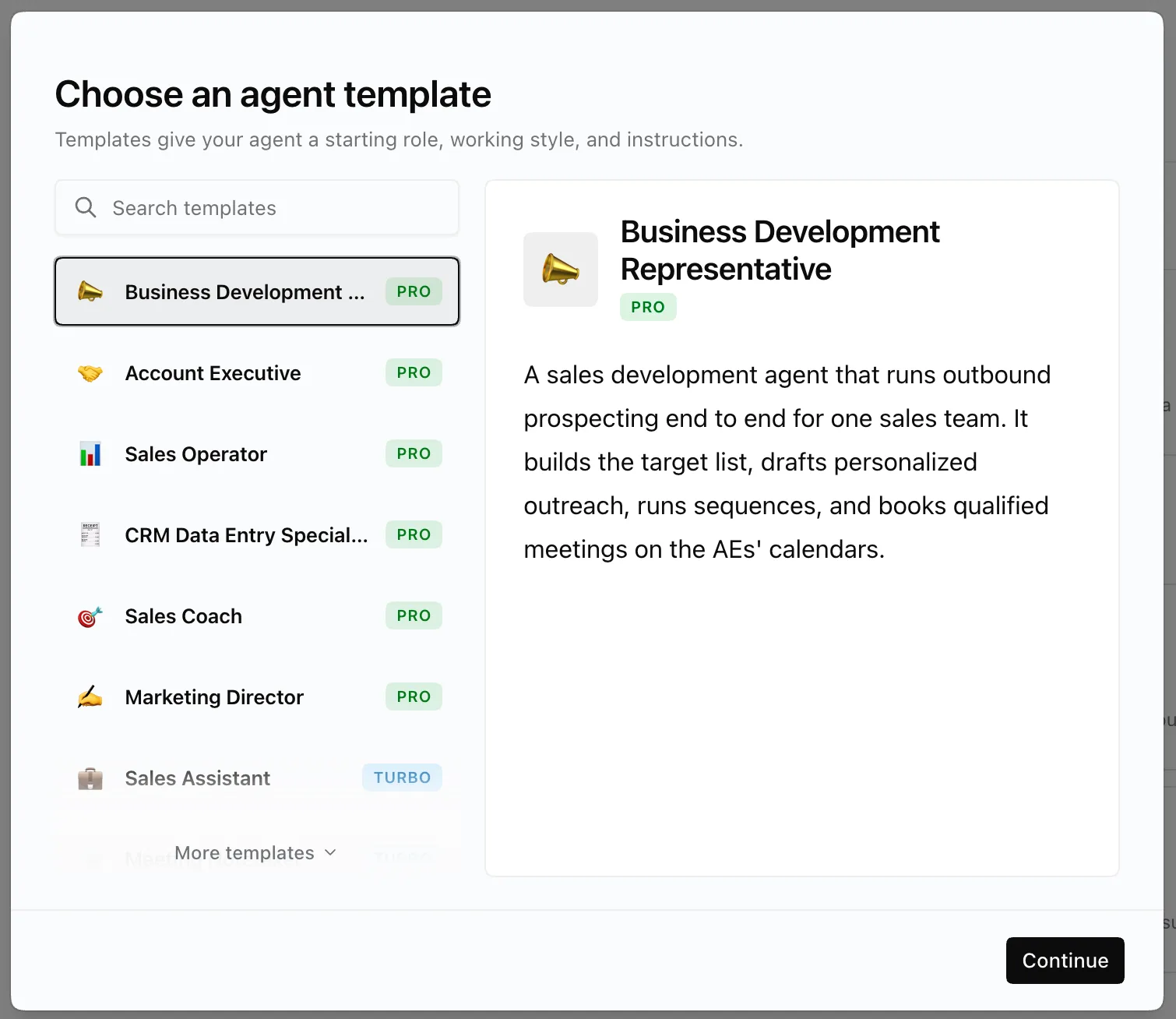 The Choose an agent template dialog with roles such as Business Development Representative and Account Executive