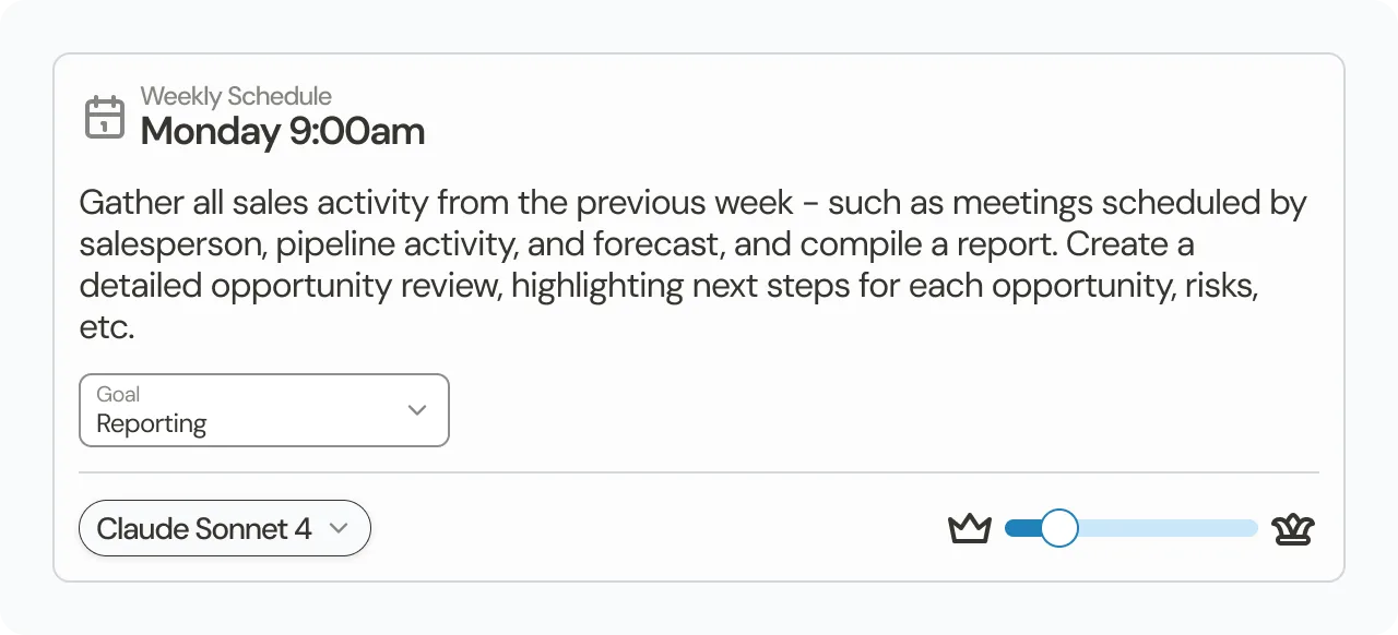A weekly Monday 9:00am Assistant schedule that compiles a sales activity report