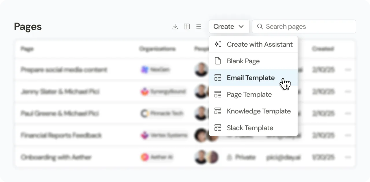 The Pages Create menu with options including Email Template and Create with Assistant