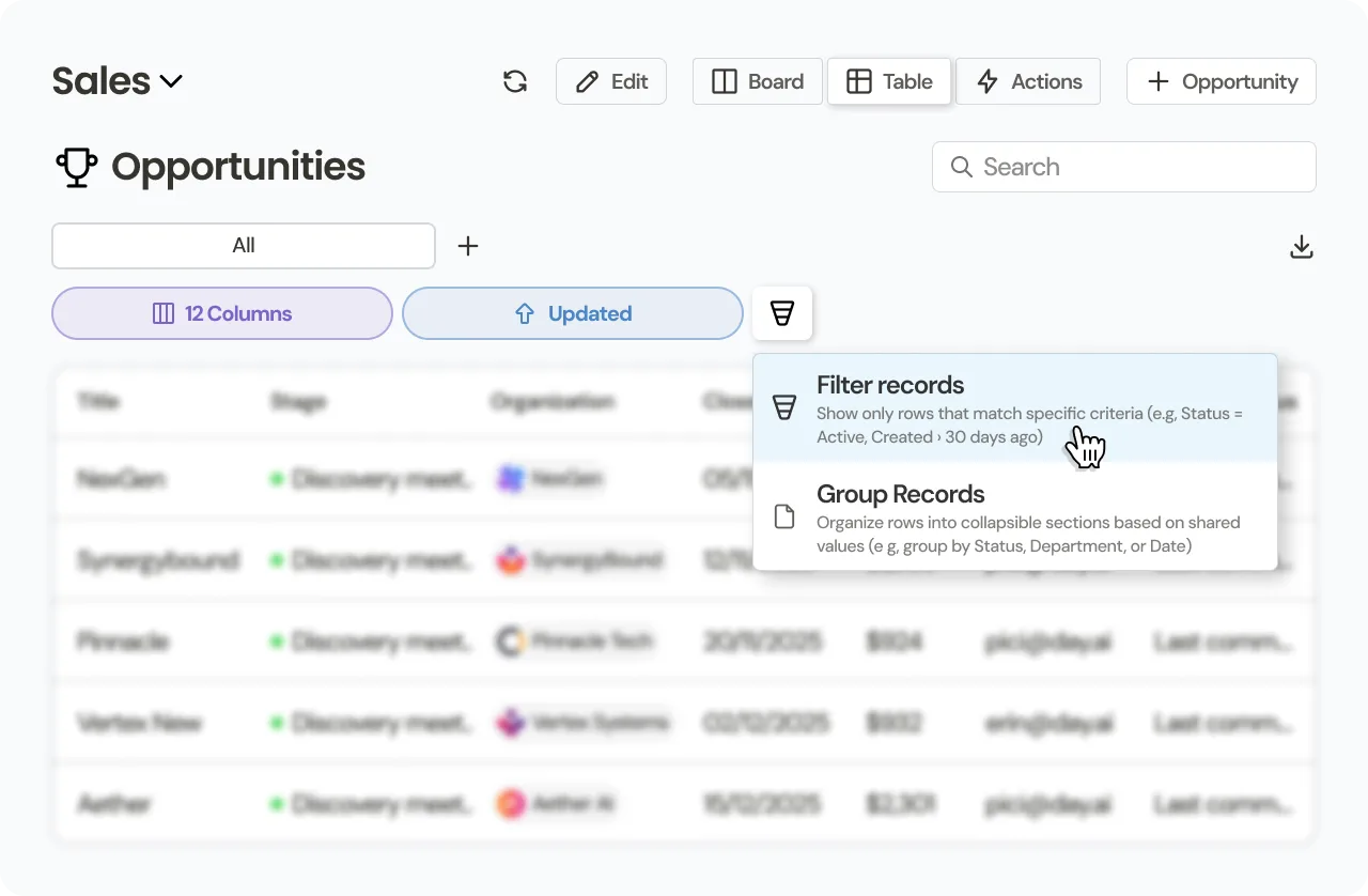 The Opportunities table toolbar with filter and group controls