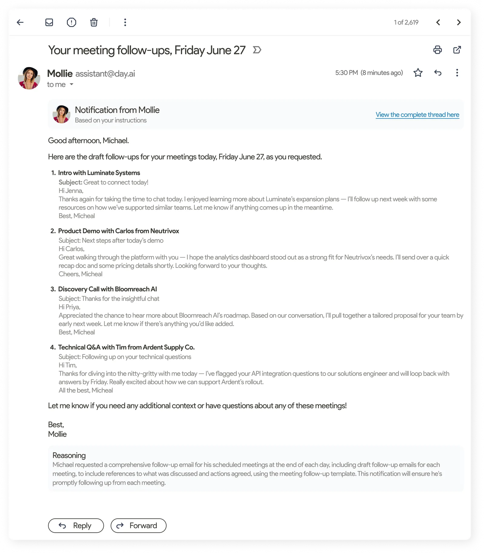 A Gmail email from the Day AI assistant with draft follow-ups for each of the day's meetings